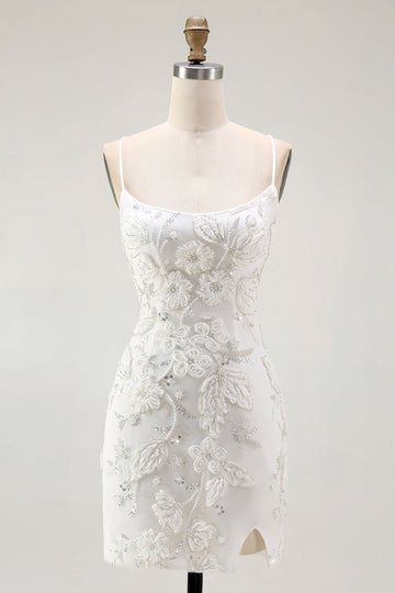 White Bodycon Spaghetti Straps Appliqued Cocktail Dress with Slit